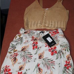 Tan Knit Crop Top and Floral Pants Set